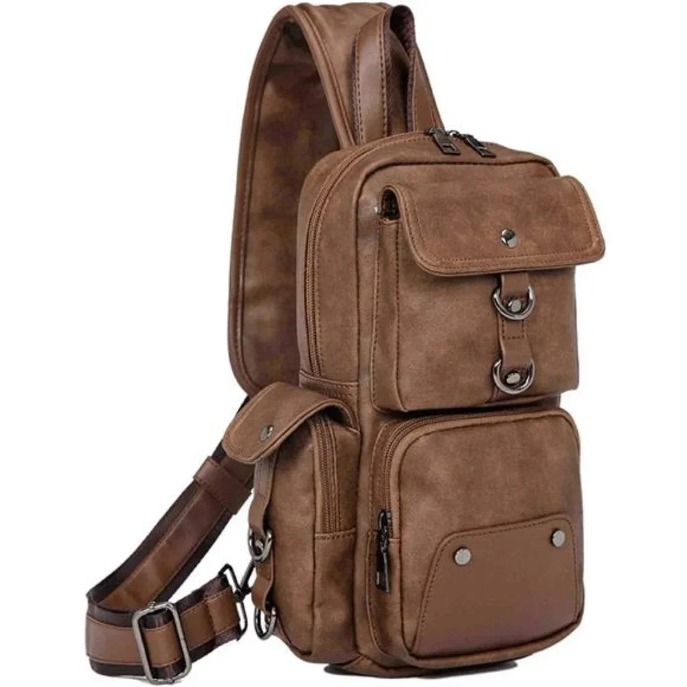 Men Sling PU Leather Unbalance Casual Crossbody Bag, Brown